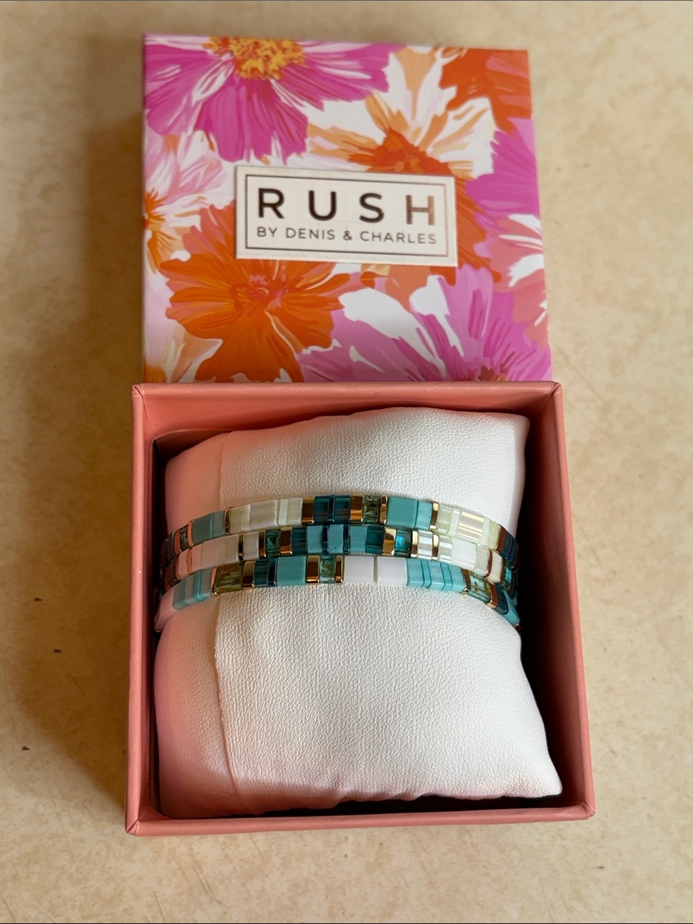 Rush by Denis & Charles Teal & White Tile Bead Stretch Bracelet Set with Box